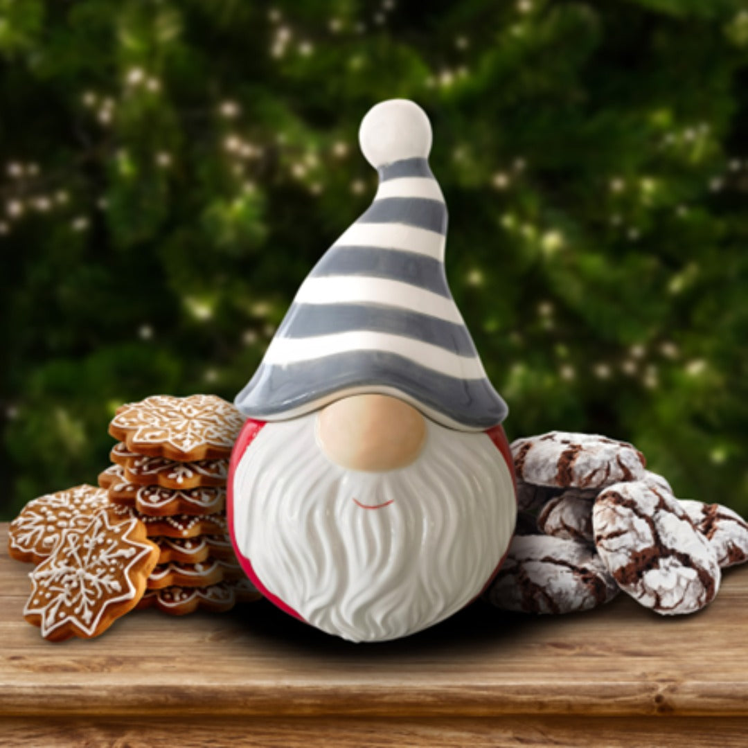 Ceramic Gnome Striped Hat Cookie Jar
